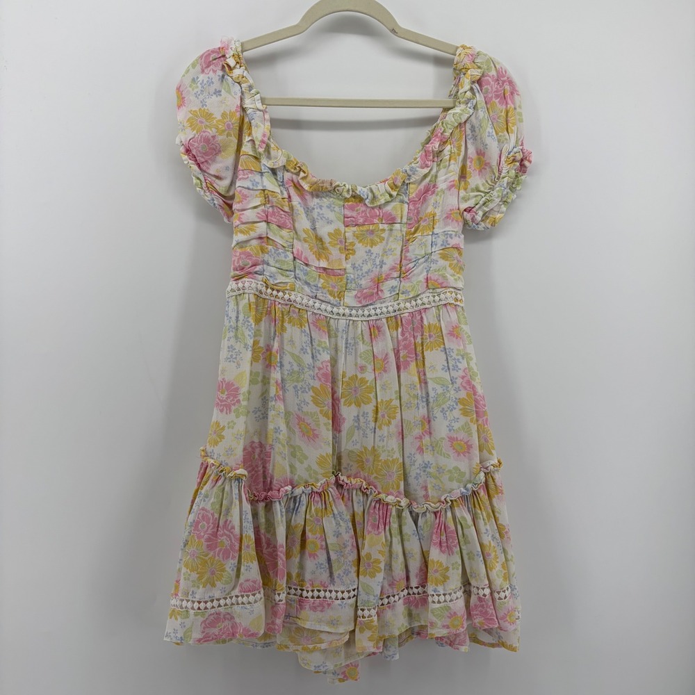 Altar'd State Floral Mini Dress Multicolor Women Size S Smocked Puff Sleeve Boho